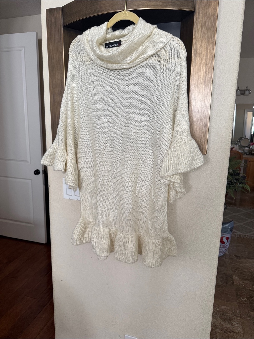 Colleen Lopez Cream Cowl Neck Ruffle Sweater